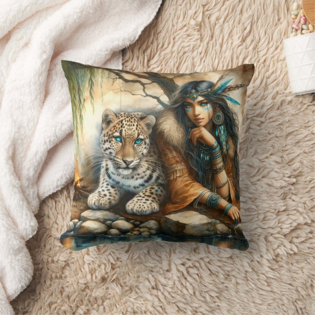 Native Woman With Tiger by Water Throw Pillow (Blanket)