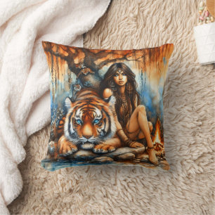 Native Woman With Tiger by Water Throw Pillow