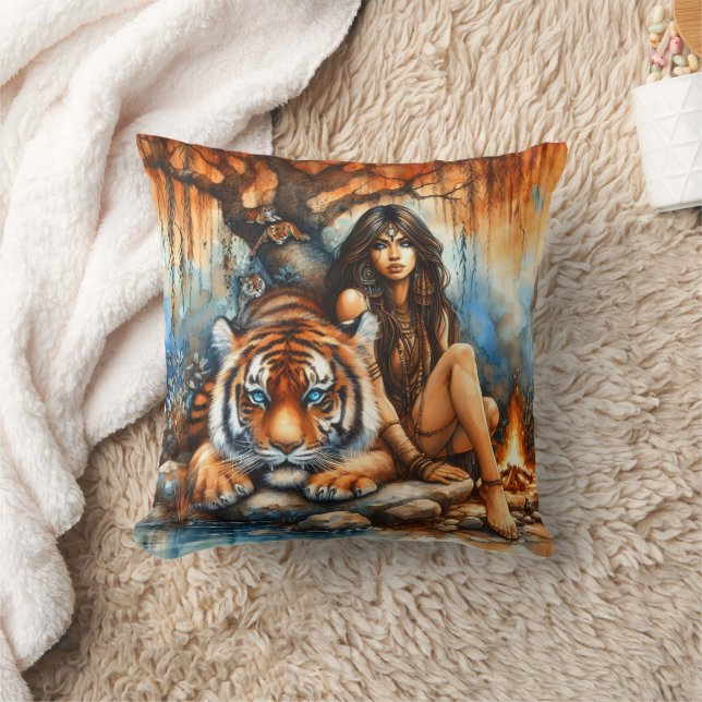 Native Woman With Tiger by Water Throw Pillow (Blanket)