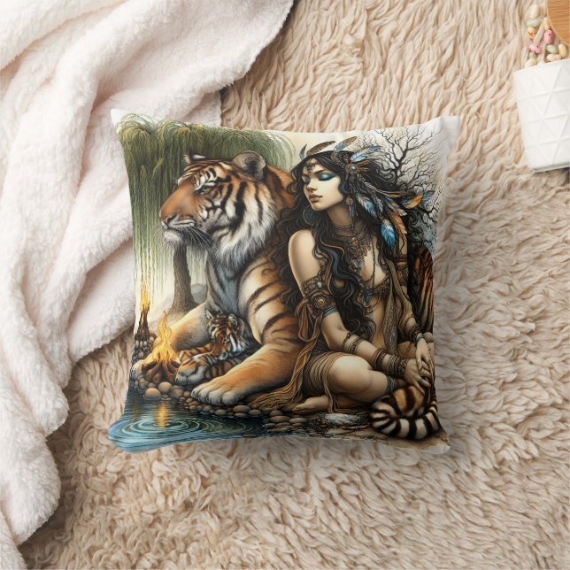 Native Woman With Tiger by Water Throw Pillow (Blanket)