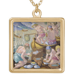 Natives Fishing for Giant Clams on the Indus, plat Gold Plated Necklace