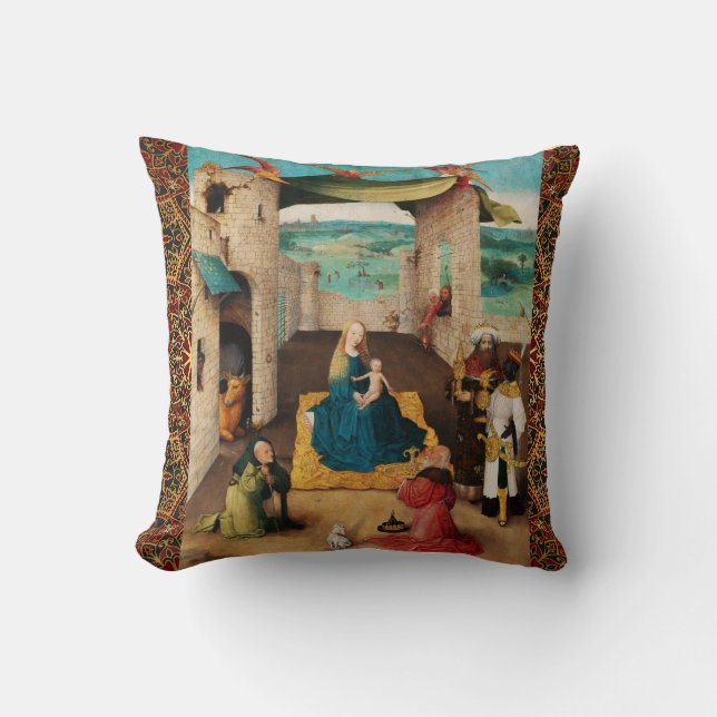 NATIVITY,ADORATION OF MAGI by BOSCH Christmas Throw Pillow (Front)