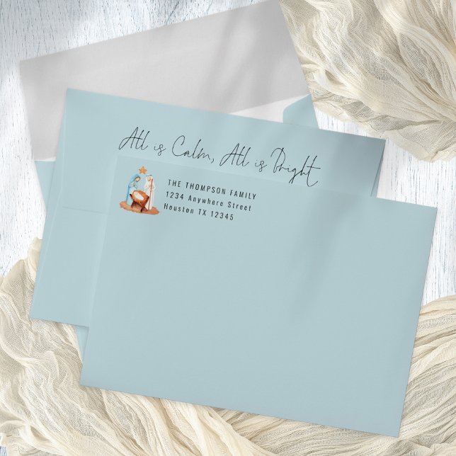 Nativity All is Calm Return Address Christmas Blue Envelope (Front Back and inside view)