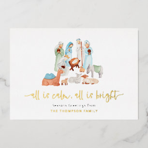 Nativity All Is Calm Seasons Greetings Real Foil Holiday Card