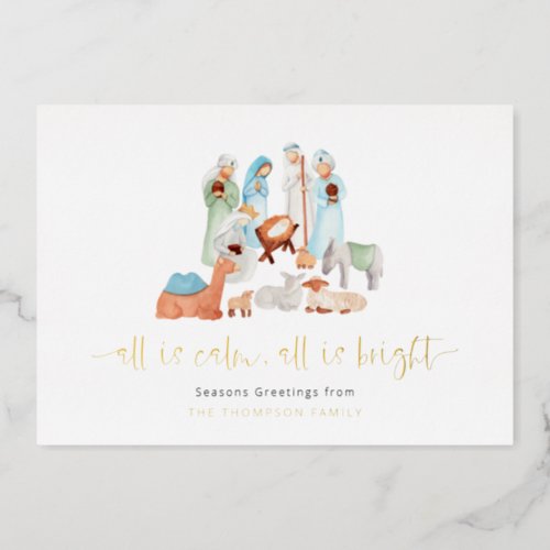 Nativity All Is Calm Seasons Greetings Real Foil Holiday Card