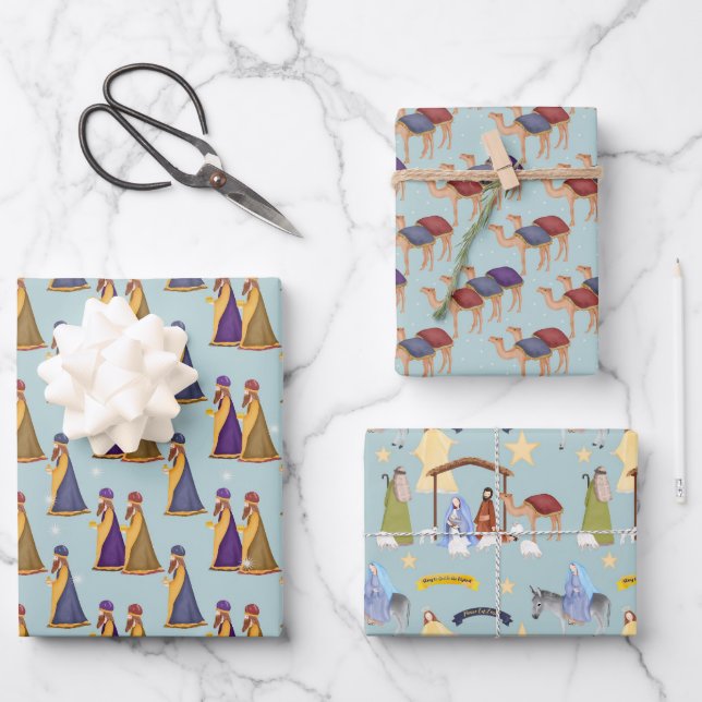 Nativity and Three Wise Men Wrapping Paper Sheets (Front)