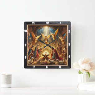 Nativity Angels Adore Christ Square Wall Clock