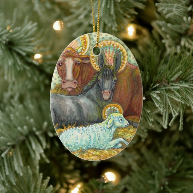 NATIVITY ANIMALS IN STABLE, OX, DONKEY & SHEEP CERAMIC ORNAMENT (Tree)