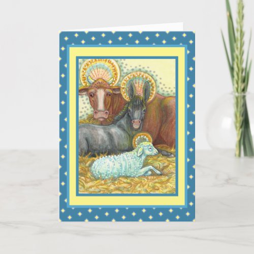 NATIVITY ANIMALS IN STABLE OX DONKEY  SHEEP HOLIDAY CARD