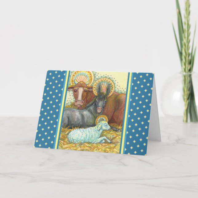 NATIVITY ANIMALS IN STABLE, OX, DONKEY & SHEEP HOLIDAY CARD (Front)