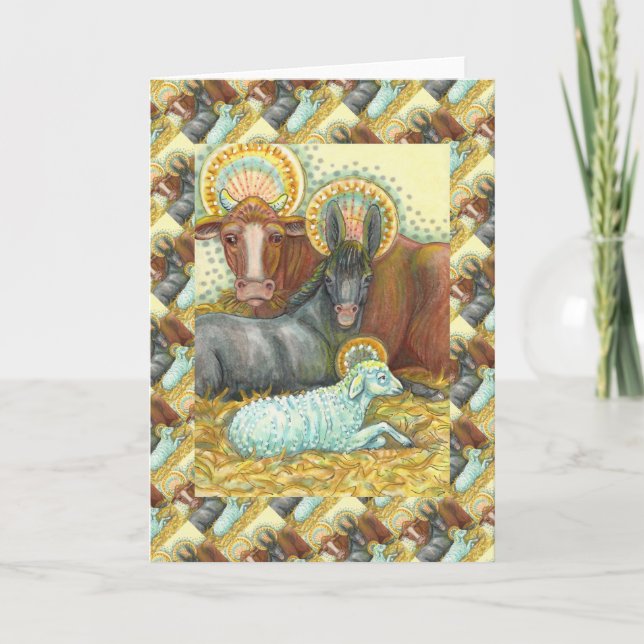 NATIVITY ANIMALS IN STABLE, OX, DONKEY & SHEEP HOLIDAY CARD (Front)