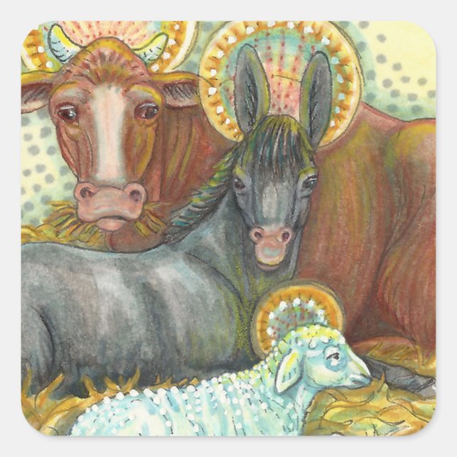 NATIVITY ANIMALS IN STABLE, OX, DONKEY & SHEEP SQUARE STICKER (Front)