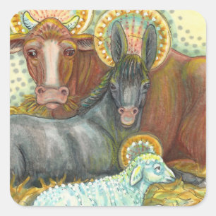 NATIVITY ANIMALS IN STABLE, OX, DONKEY & SHEEP SQUARE STICKER