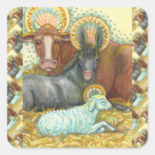 NATIVITY ANIMALS IN STABLE, OX, DONKEY & SHEEP SQUARE STICKER