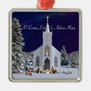 Nativity at Church Metal Ornament