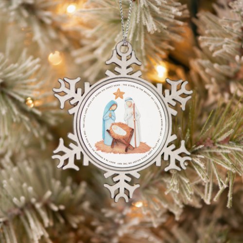 Nativity Away In A Manger Carol Lyrics Snowflake Pewter Christmas Ornament