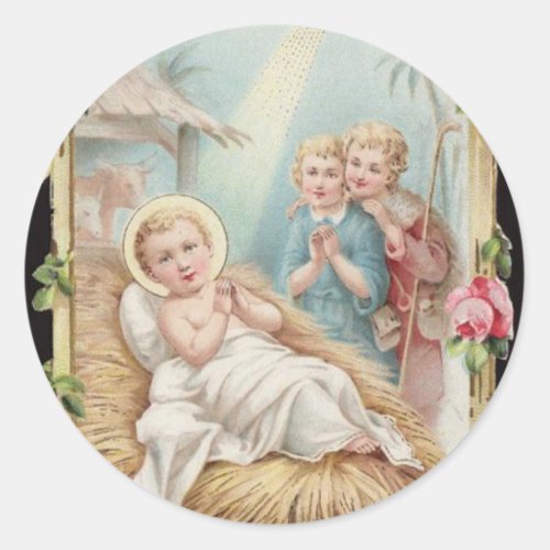 Nativity Baby Jesus Roses Children Classic Round Sticker