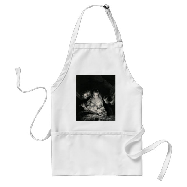 Nativity Baby Jesus Virgin Mary Angels Black White Adult Apron (Front)