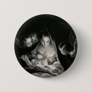 Nativity Baby Jesus Virgin Mary Angels Black White Button