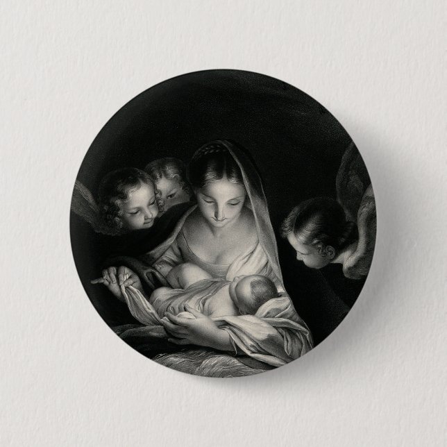 Nativity Baby Jesus Virgin Mary Angels Black White Button (Front)