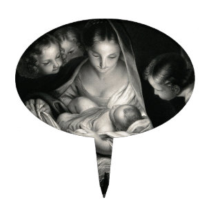 Nativity Baby Jesus Virgin Mary Angels Black White Cake Topper