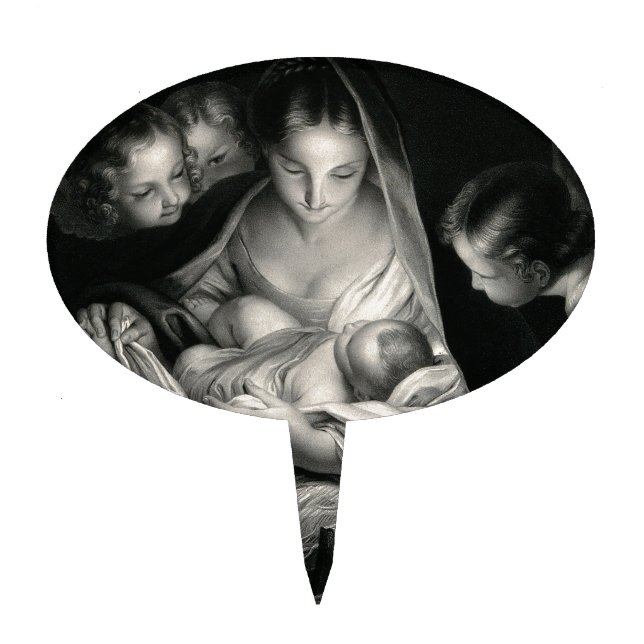 Nativity Baby Jesus Virgin Mary Angels Black White Cake Topper (Front)