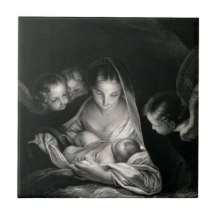 Nativity Baby Jesus Virgin Mary Angels Black White Ceramic Tile