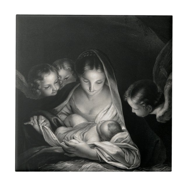Nativity Baby Jesus Virgin Mary Angels Black White Ceramic Tile (Front)