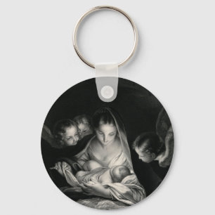 Nativity Baby Jesus Virgin Mary Angels Black White Keychain