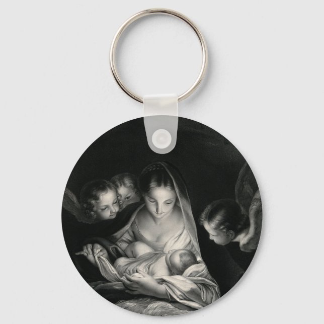 Nativity Baby Jesus Virgin Mary Angels Black White Keychain (Front)