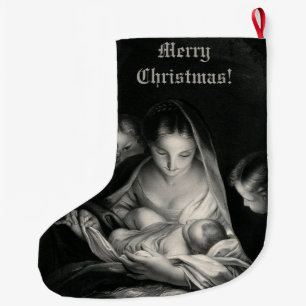 Nativity Baby Jesus Virgin Mary Angels Black White Large Christmas Stocking