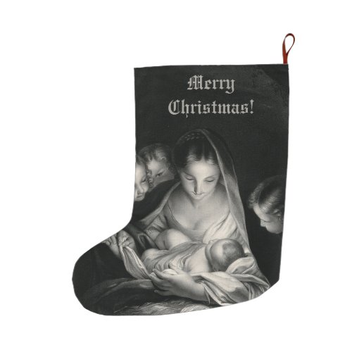 Nativity Baby Jesus Virgin Mary Angels Black White Large Christmas Stocking