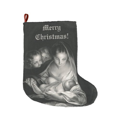 Nativity Baby Jesus Virgin Mary Angels Black White Large Christmas Stocking