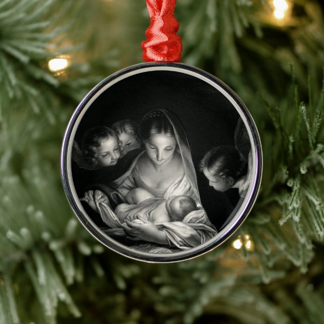 Nativity Baby Jesus Virgin Mary Angels Black White Metal Ornament (Tree)