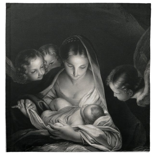 Nativity Baby Jesus Virgin Mary Angels Black White Napkin (Front)