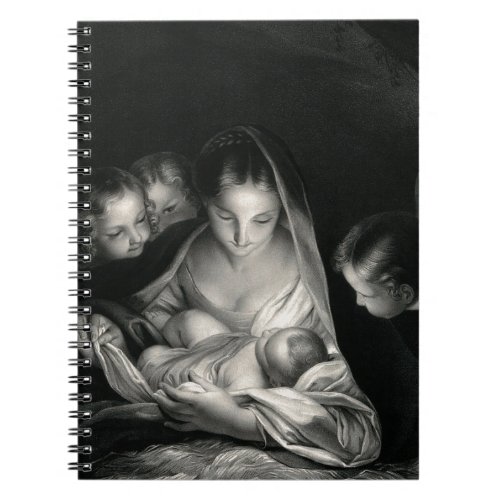 Nativity Baby Jesus Virgin Mary Angels Black White Notebook