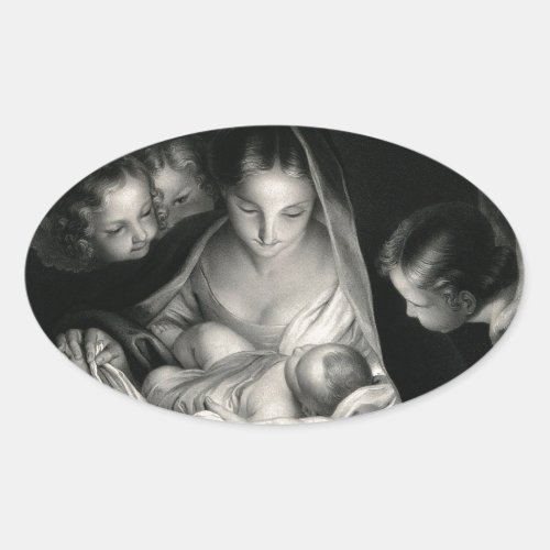 Nativity Baby Jesus Virgin Mary Angels Black White Oval Sticker