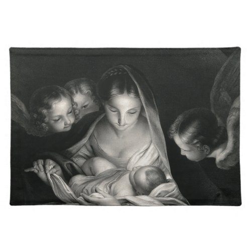 Nativity Baby Jesus Virgin Mary Angels Black White Placemat