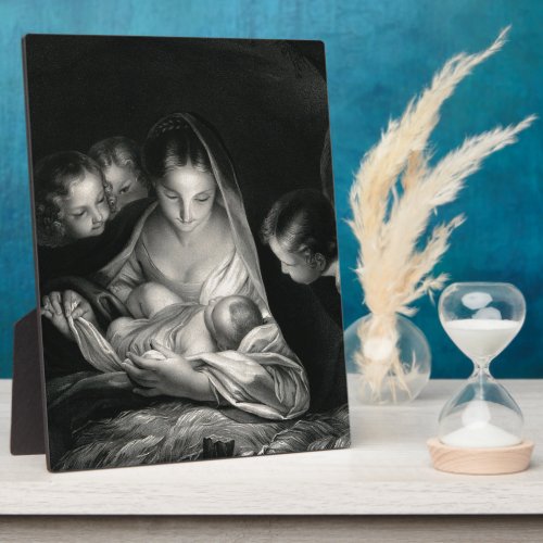 Nativity Baby Jesus Virgin Mary Angels Black White Plaque