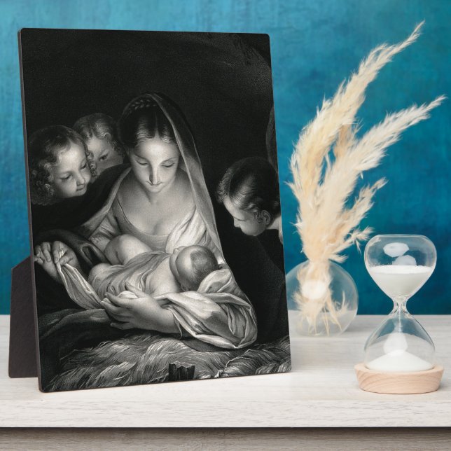 Nativity Baby Jesus Virgin Mary Angels Black White Plaque (Side)