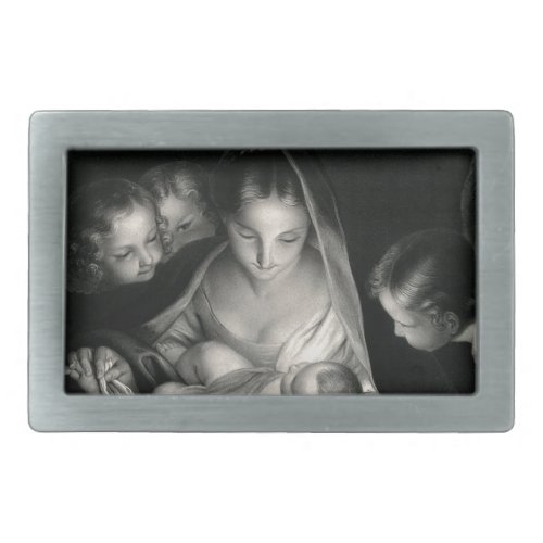 Nativity Baby Jesus Virgin Mary Angels Black White Rectangular Belt Buckle