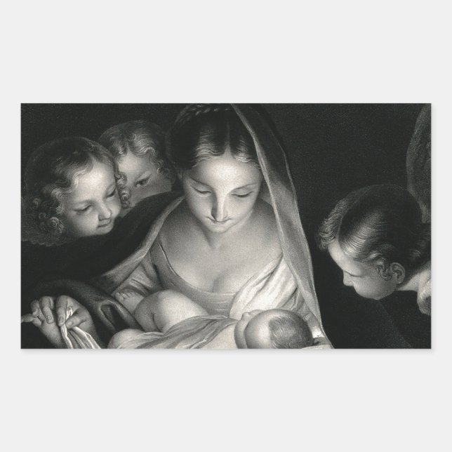 Nativity Baby Jesus Virgin Mary Angels Black White Rectangular Sticker (Front)