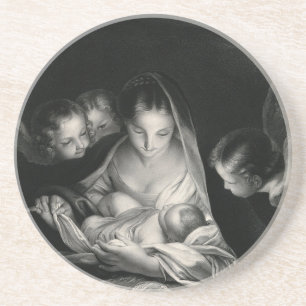 Nativity Baby Jesus Virgin Mary Angels Black White Sandstone Coaster