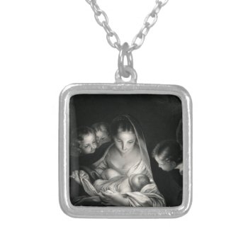 Nativity Baby Jesus Virgin Mary Angels Black White Silver Plated Necklace by YourSparklingShop at Zazzle