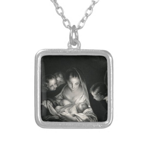 Nativity Baby Jesus Virgin Mary Angels Black White Silver Plated Necklace