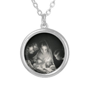 Nativity Baby Jesus Virgin Mary Angels Black White Silver Plated Necklace