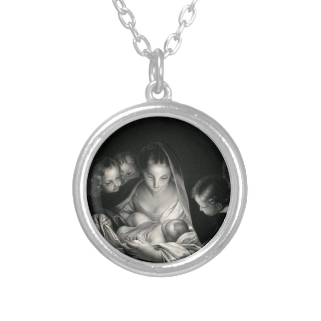 Nativity Baby Jesus Virgin Mary Angels Black White Silver Plated Necklace (Front)
