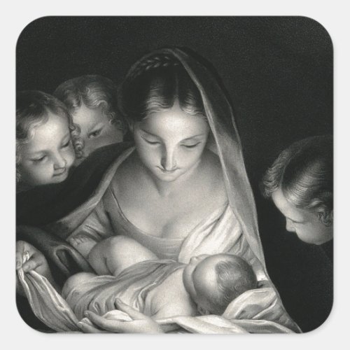 Nativity Baby Jesus Virgin Mary Angels Black White Square Sticker