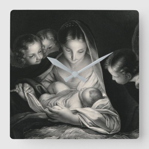 Nativity Baby Jesus Virgin Mary Angels Black White Square Wall Clock