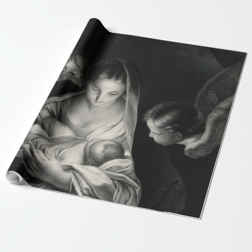 Nativity Baby Jesus Virgin Mary Angels Black White Wrapping Paper